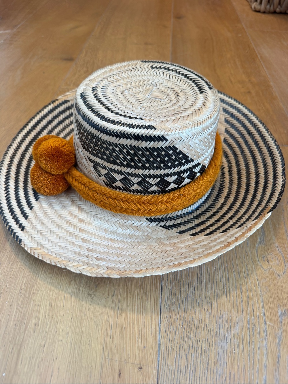Straw Sun Hat with removable Mustard Pom Pom Trim